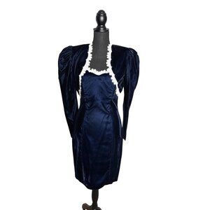 Vintage 80s Steppin' Out Midnight Blue Velvet Dress & Bolero Jacket Set Junior 7